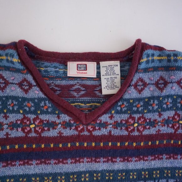 Vintage Faded Glory Burgundy Blue Fair Isle Sweater Cabincore Old Money 18W/20W - Picture 7 of 10